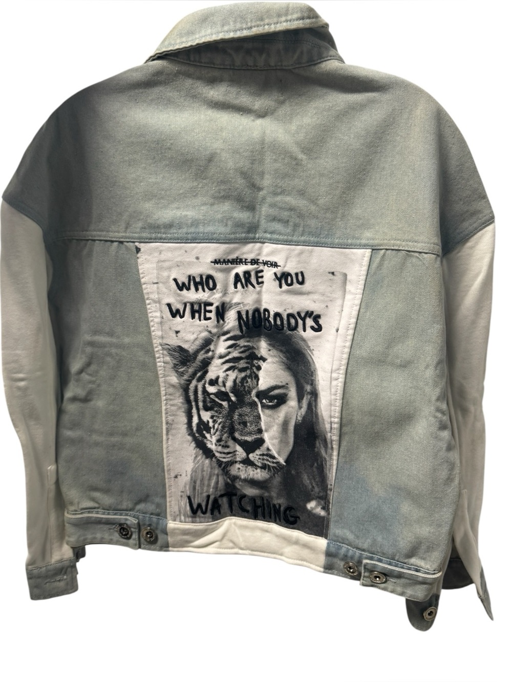NWT Manière De Voir Women’s Size 6 Denim Jacket Tiger Graphic Oversized Two Tone